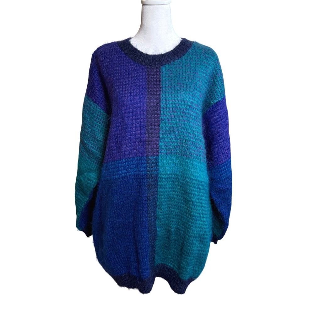 Angora (MH) Blend Sweater Women Medium Blue Purple Colorblock Vtg Paul Harris